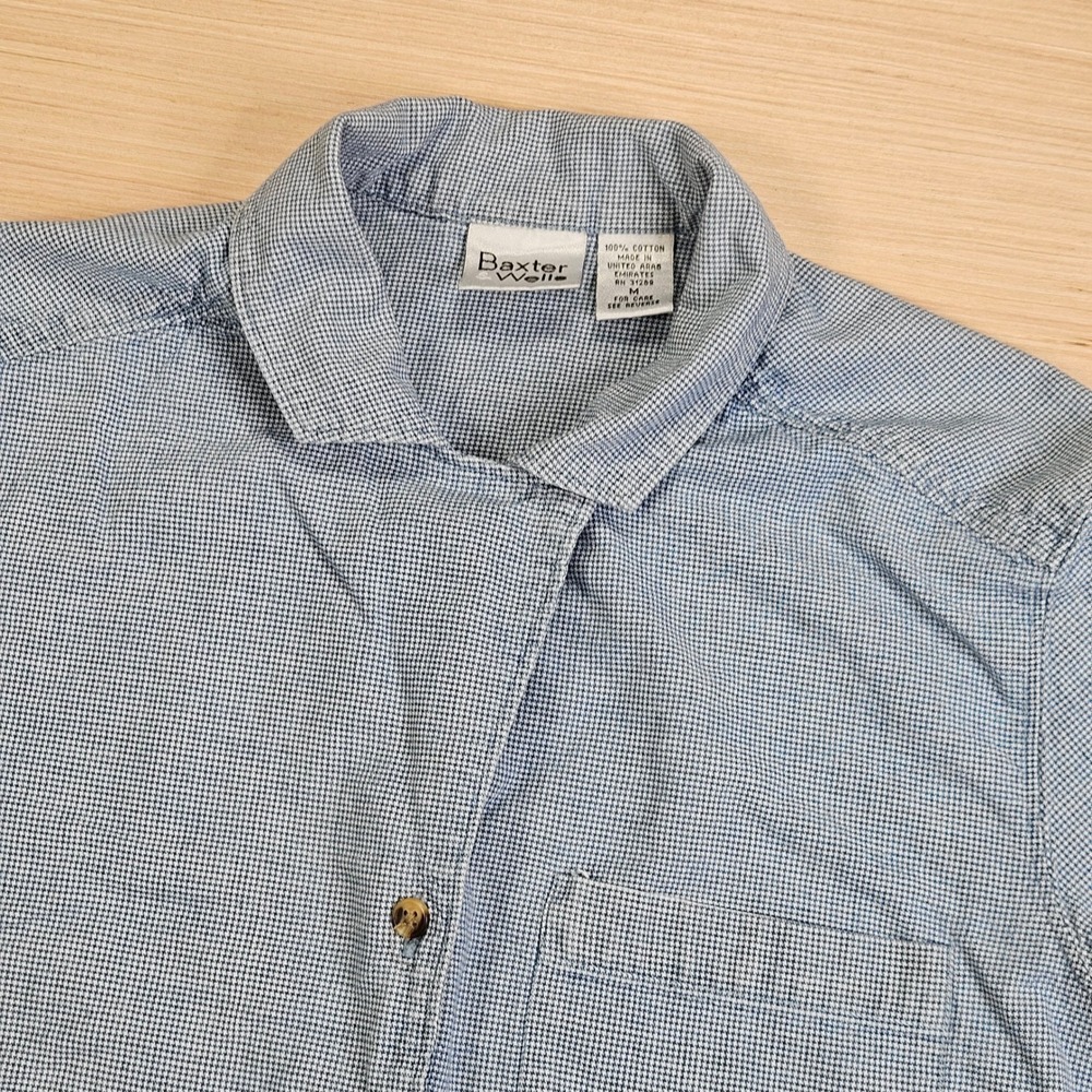 Baxter Wells Button Down Shirt Women M Blue Micro Gingham‎ Short Sleeve Casual